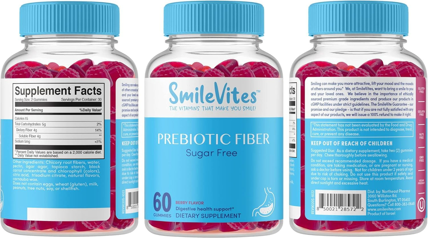 SmileVites Prebiotic Fiber Gummies for Digestive Health | Supports Gut Bacteria & Digestive Regularity | Vegan, Keto, Kosher | Gluten-Free, Non-GMO, Plant-Based | Natural Berry Flavor | 60 Count