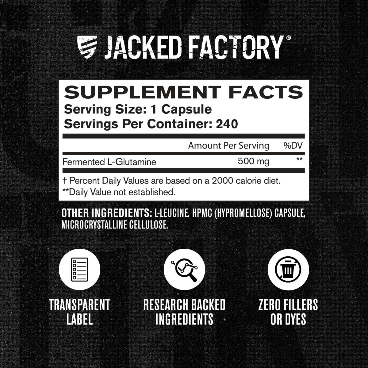 Jacked Factory L-Glutamine Capsules 500mg - Vegan Fermented L Glutamine Supplement for Post Workout Muscle Recovery, Immunity, Digestive Health - 240 Capsules