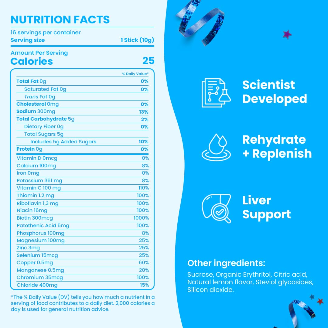 Pre and Post Drinking Liver Support for Morning Recovery | Electrolyte + Vitamins and Mineral Hydration Packs | Perfect After a Night Out | Vacation and Travel Essential (16 Pack, Lemonade)