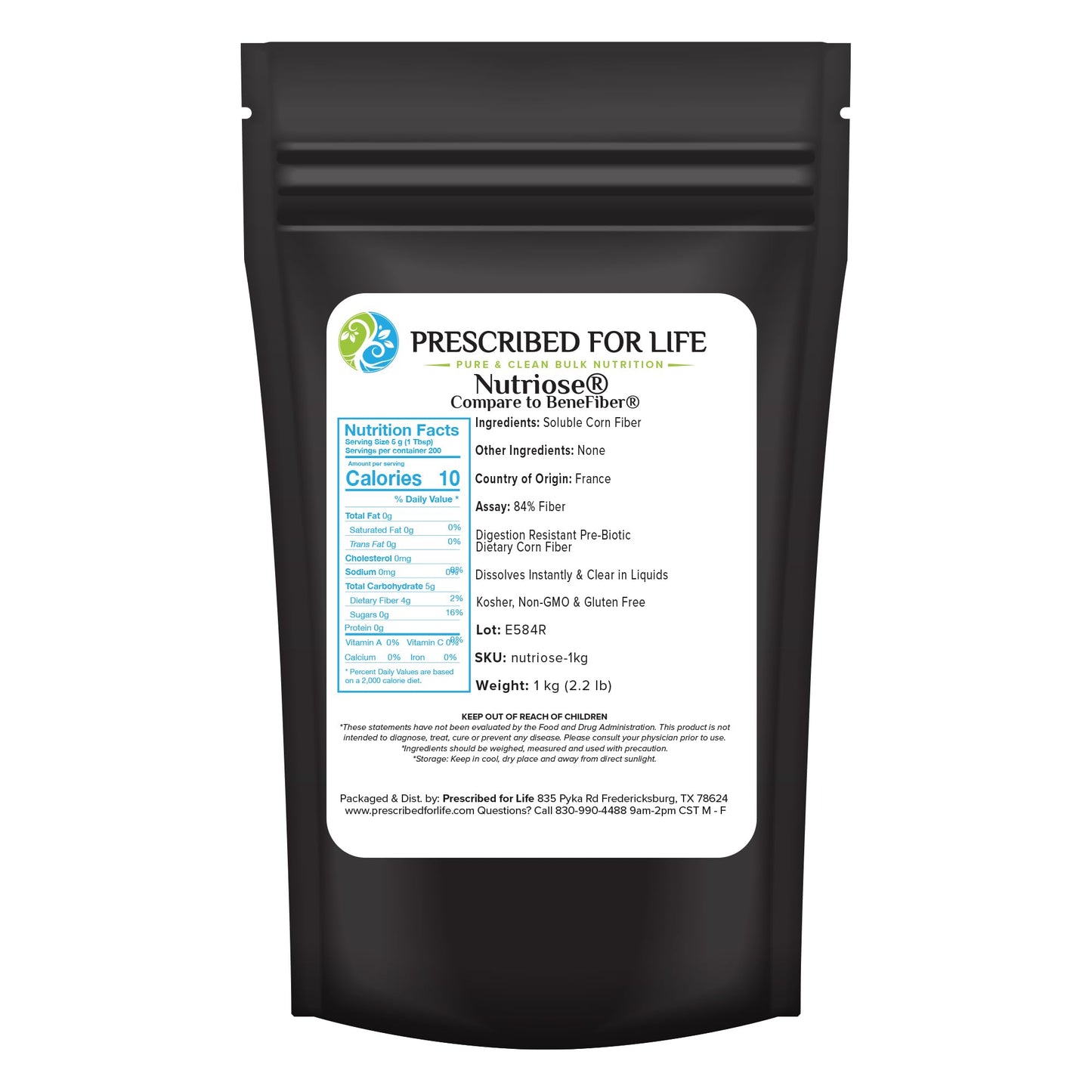 Prescribed For Life Nutriose Powder, Natural Fiber Supplement, Prebiotic Soluble Corn Fiber for Adults, Gluten Free, Vegan, Non GMO (1kg / 2.2lb)