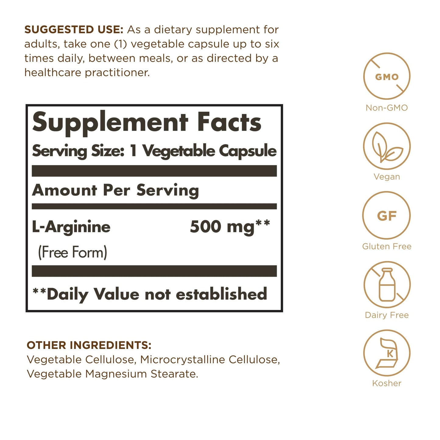 SOLGAR L-Arginine 500 mg - 250 Vegetable Capsules - Nitric Oxide Stimulator - Non-GMO, Vegan, Gluten Free, Dairy Free, Kosher - 250 Servings