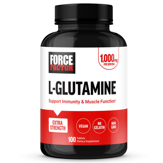 FORCE FACTOR L-Glutamine 1000mg Tablets, Glutamine for Muscle Recovery, Healthy Muscle Function, and Immunity, Vegan, Non-GMO, 100 Tablets