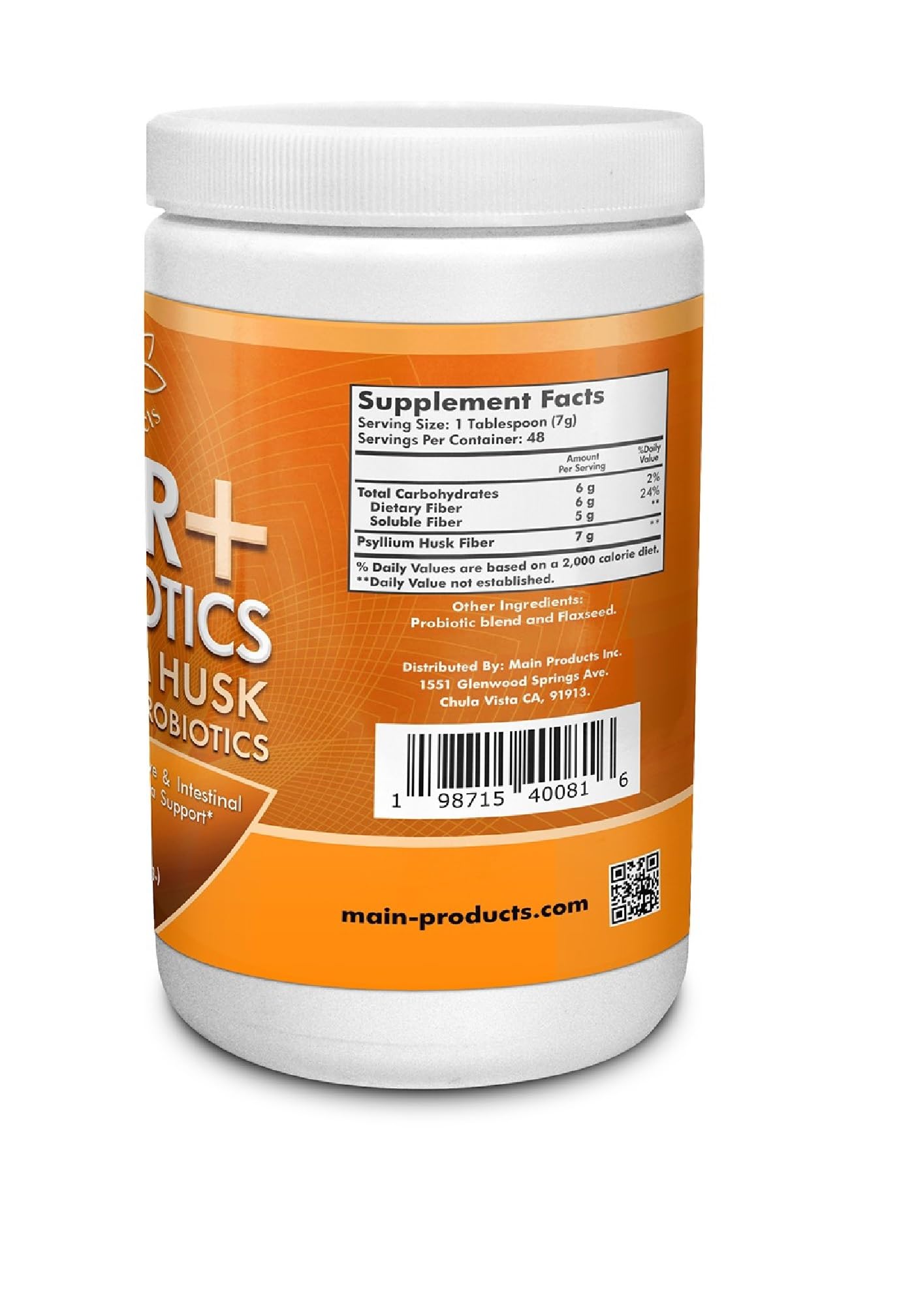Main Products Fiber + Probiotics 12 Oz (340g) Psyllium Husk Flaxseed, Digestive and Intestinal Flora Support.
