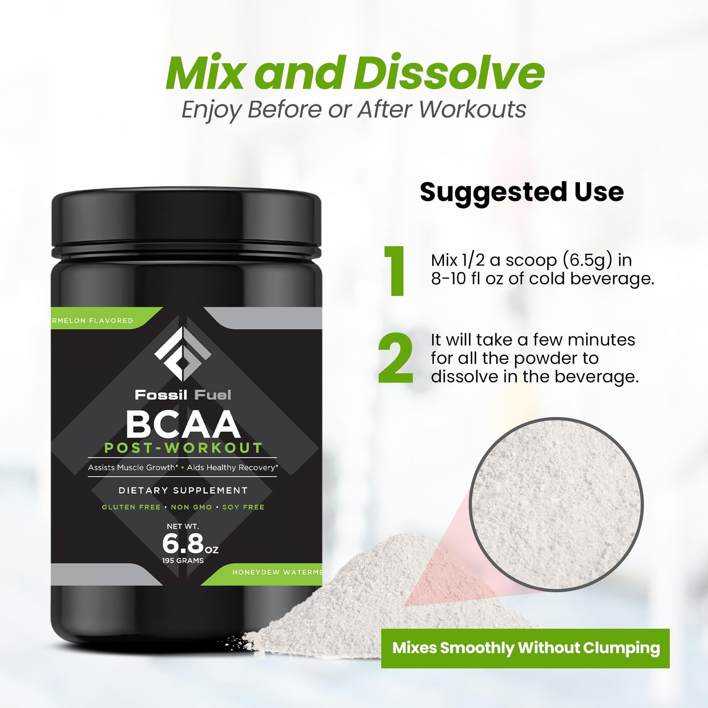 Fossil Fuel BCAA Sugar-Free Post-Workout Powder with BCAA’s, Glutamine, Vitamin B6 After Workout Amino Acids for Muscle Recovery, Endurance and Hydration, Honeydew Watermelon (30 Servings)