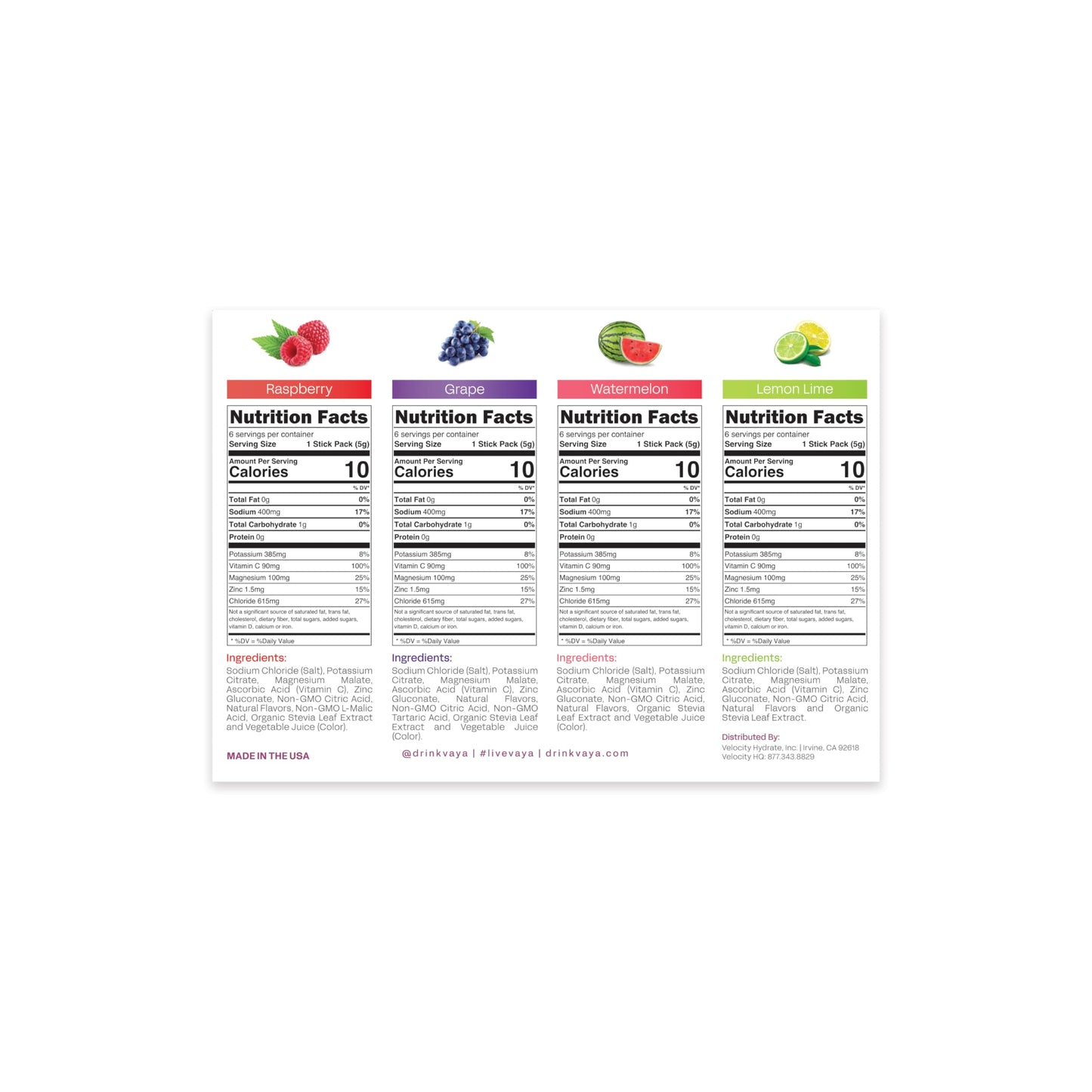 Vaya Sugar Free Premium Hydration Electrolyte Powder | Variety Pack | 24 Stick Packs | 1G Carbs, 1,500MG Electrolytes, Vitamin C & Antioxidants | 4 Flavors | Raspberry, Grape, Watermelon & Lemon Lime