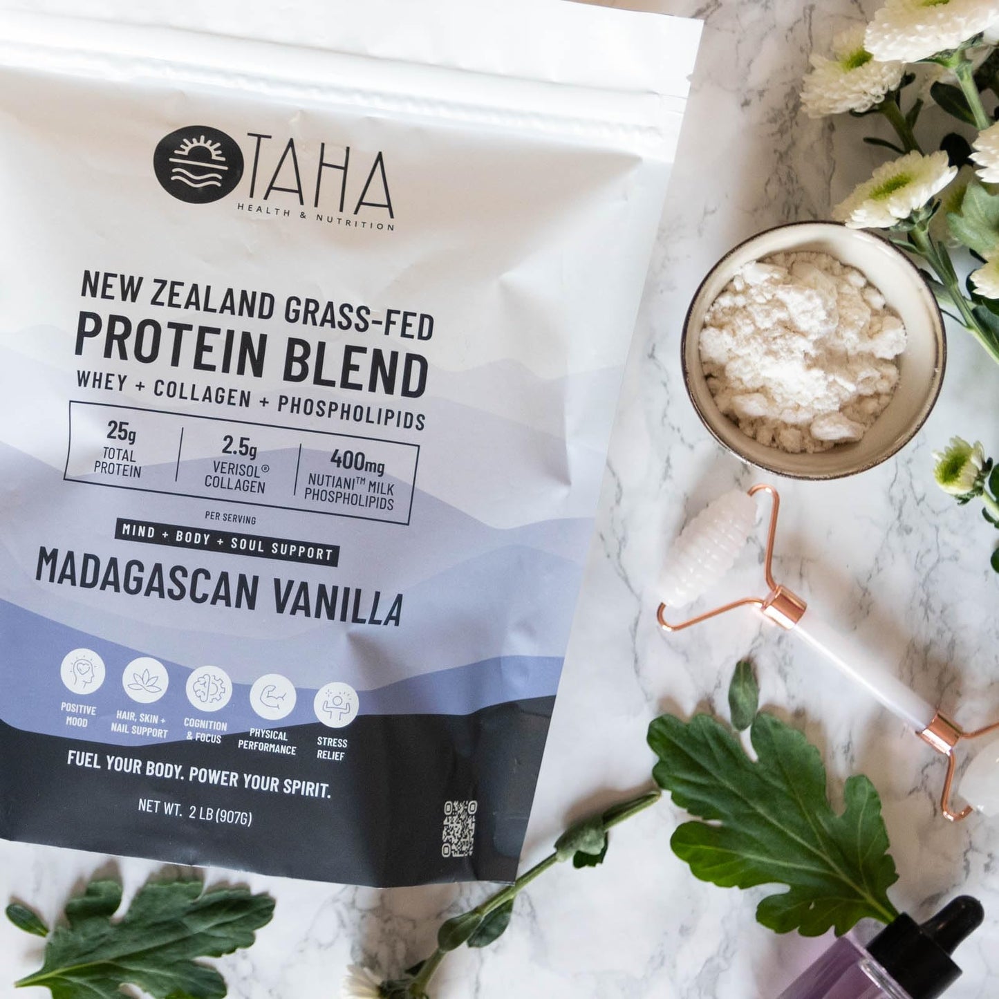 Taha Health & Nutrition Mind+Body+Soul Protein Blend - Madagascan Vanilla. 25g of Protein per Serve from Whey & Collagen, Plus 400mg Milk Phospholipids | New Zealand Grass-Fed, Free-Range Dairy | 2LB