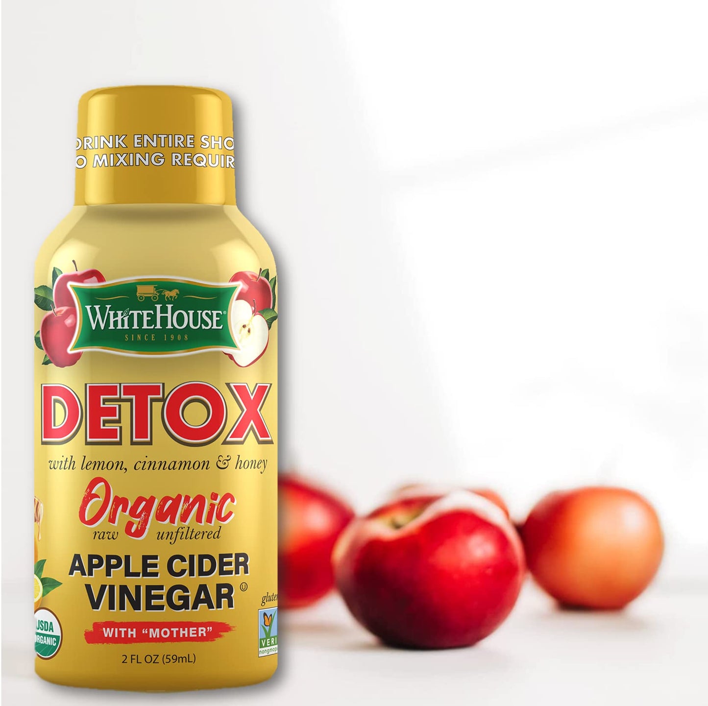 White House Detox Apple Cider Vinegar Shots, Raw Unfiltered, On the Go (Detox, Pack of 6)