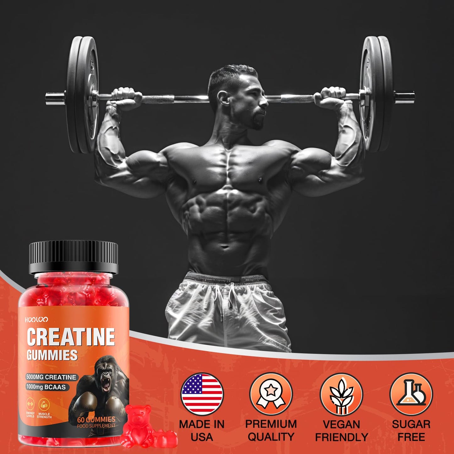 HOOLOO Creatine Gummies 5000mg Creatine Monohydrate, 1000mg BCAAs per Serving - Chewable Vegan Sugar Free Gummies, Strawberry Flavour (1 Month Supply)