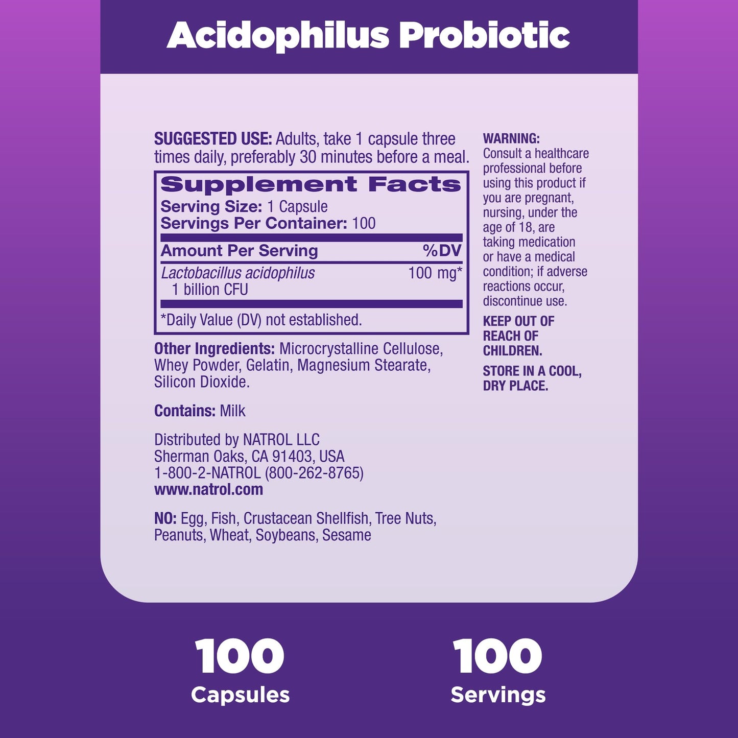 Natrol Acidophilus Probiotic 100 mg, Dietary Supplement for Healthy Gut Function, Digestive Health Capsules for Adults, 100 Capsules, Up to a 33 Day Supply
