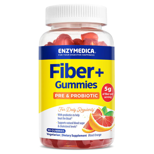 Enzymedica Fiber+ Gummies with Prebiotics & Probiotics for Daily Regularity, Vegetarian, 5g Fiber, Natural Chewable Digestive Health Supplement, Kids & Adult Women & Men, Blood Orange Flavor, 90 ct