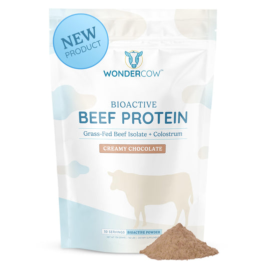 WONDERCOW Beef Protein Isolate Powder w/Bovine Colostrum Supplement | Clean, 100% Grass Fed, Carnivore, Keto Friendly | Gluten Free | Helps Build Lean Muscle | 20g of Protein, 30 Servings, Chocolate