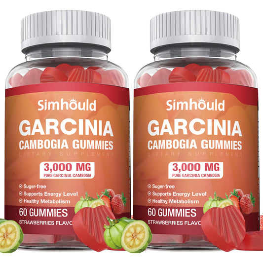 Simhould 2 Pack Sugar Free Garcinia Cambogia Gummies - 3000mg 95% HCA with L-Carnitine, Energy Boost, Strawberry Flavor Gummy Easier to Take Than Pills & Capsules 120 Counts