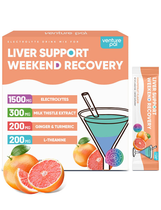 Venture Pal Liver Support Electrolyte Powder, L-Theanine + 5 Vitamins & 7 Electrolytes, Rapid Rehydration, Grapefruit, 12 Sticks