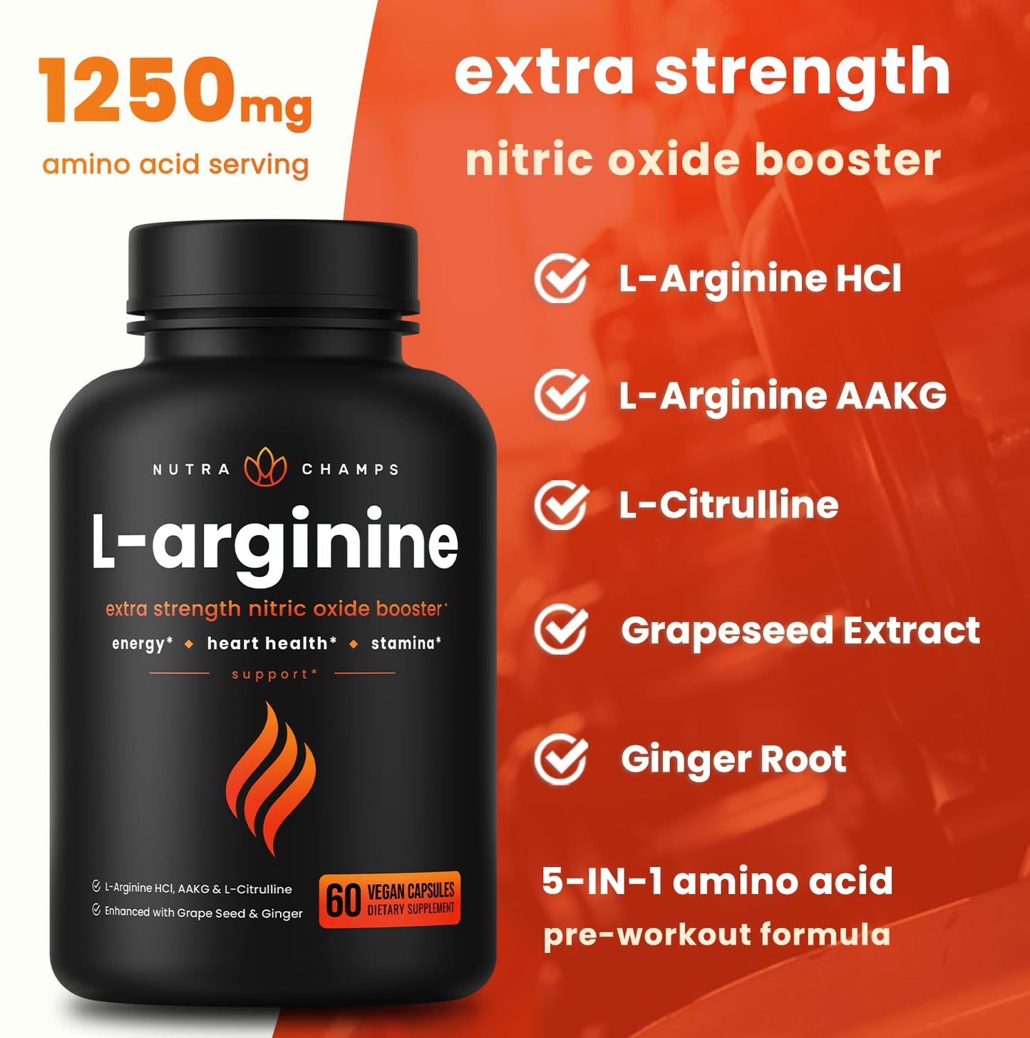 NutraChamps Premium L Arginine Supplement, 5-in-1 Nitric Oxide Supplement, L-Arginine Powder & L Citrulline Enhanced with Grape Seed & Ginger, Energy, Blood Flow, 60 Vegan Capsules