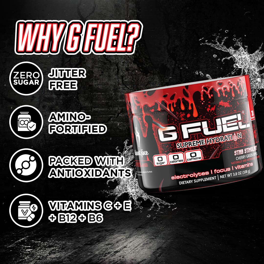 G Fuel Electrolyte Powder, Cherry Green Apple, Stab Stimulant, Zero Sugar and Caffeine-Free Hydration Mix with Electrolytes and Vitamins, 3.8 oz (Ghost Face, 30 Servings)