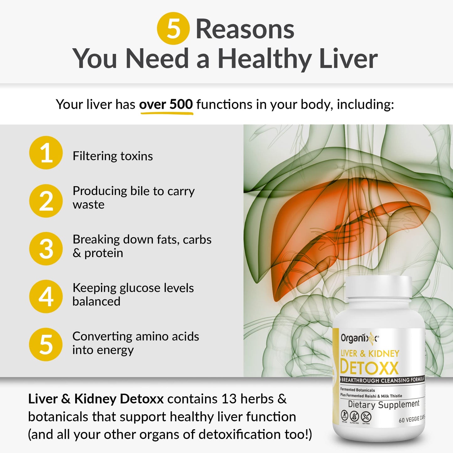 Organixx Kidney & Liver Support Cleanse Supplement, Milk Thistle Reishi Herbal Formula For Digestive Health, Kidney & Liver Health, Sleep & Energy Support, Gluten Free, Non GMO, 60 Vegetarian Capsules