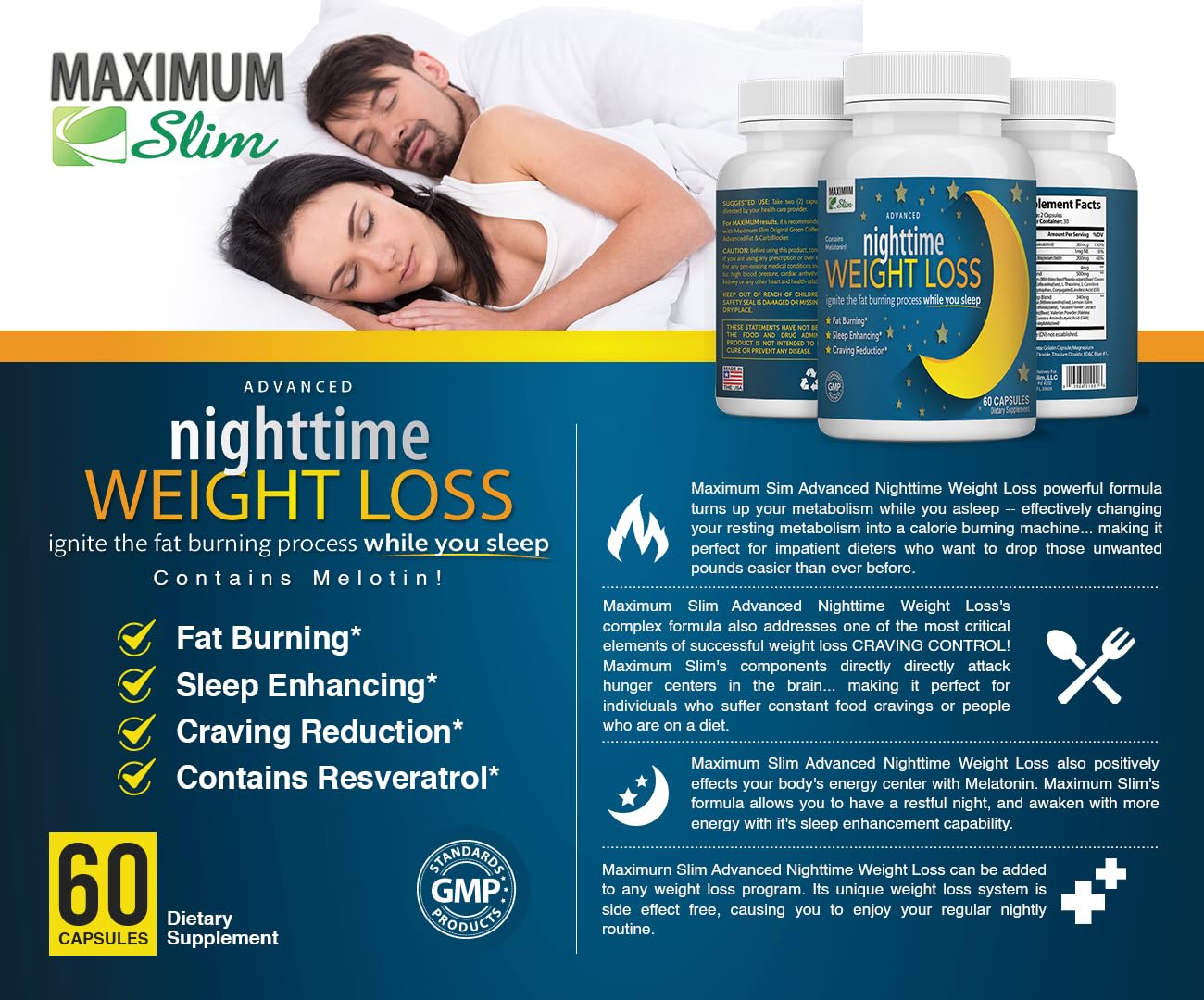 Maximum Slim Advanced Nighttime (Fat Burning) Weight Loss with African Mango, Green Tea, Resveratrol, and Maqui Berry,Will Help You Lose Weight While Sleeping and Maintain Sleep, 60 Count