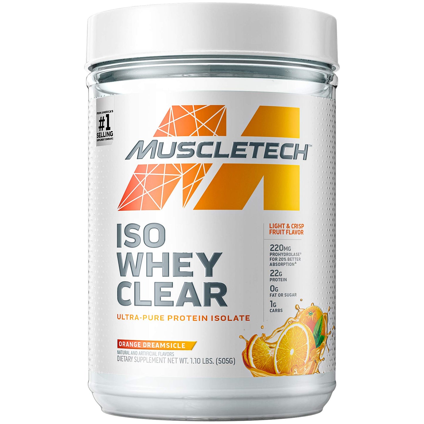 Whey Protein Powder MuscleTech Clear Whey Protein Isolate Whey Isolate Protein Powder for Women & Men Clear Protein Drink 22g of Protein, 90 Calories Orange Dreamsicle, 1.1lb (19 Servings)