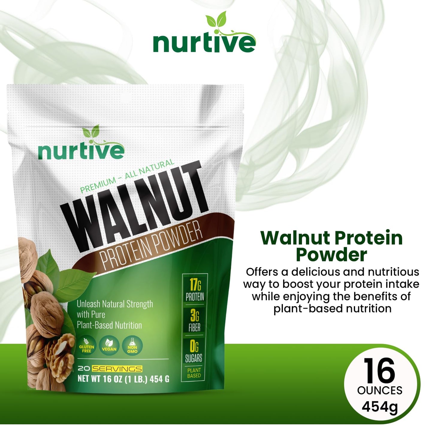NURTIVE Walnut Protein Powder - Rich in Omega-3 & Plant-Based Protein - Antioxidant Boost - Ideal for Smoothies & Baking - Gluten Free, Vegan, Non GMO - 20 Servings (16 oz / 454 g)