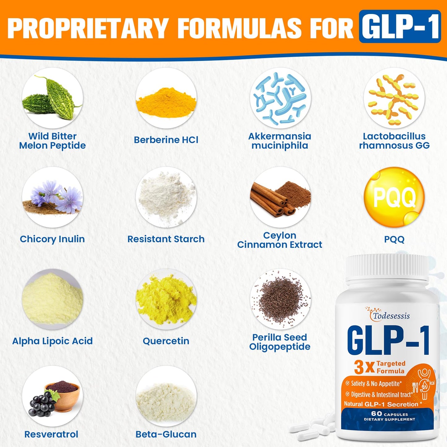 GLP-1 Supplement for Women, Natural GLP-1 Support, 3X Targeted Formula, GLP1 with Akkermansia Probiotic, Berberine HCI & Chicory Inulin, for Metabolism, Digestive & Gut Health - Vegan, 60 Capsules