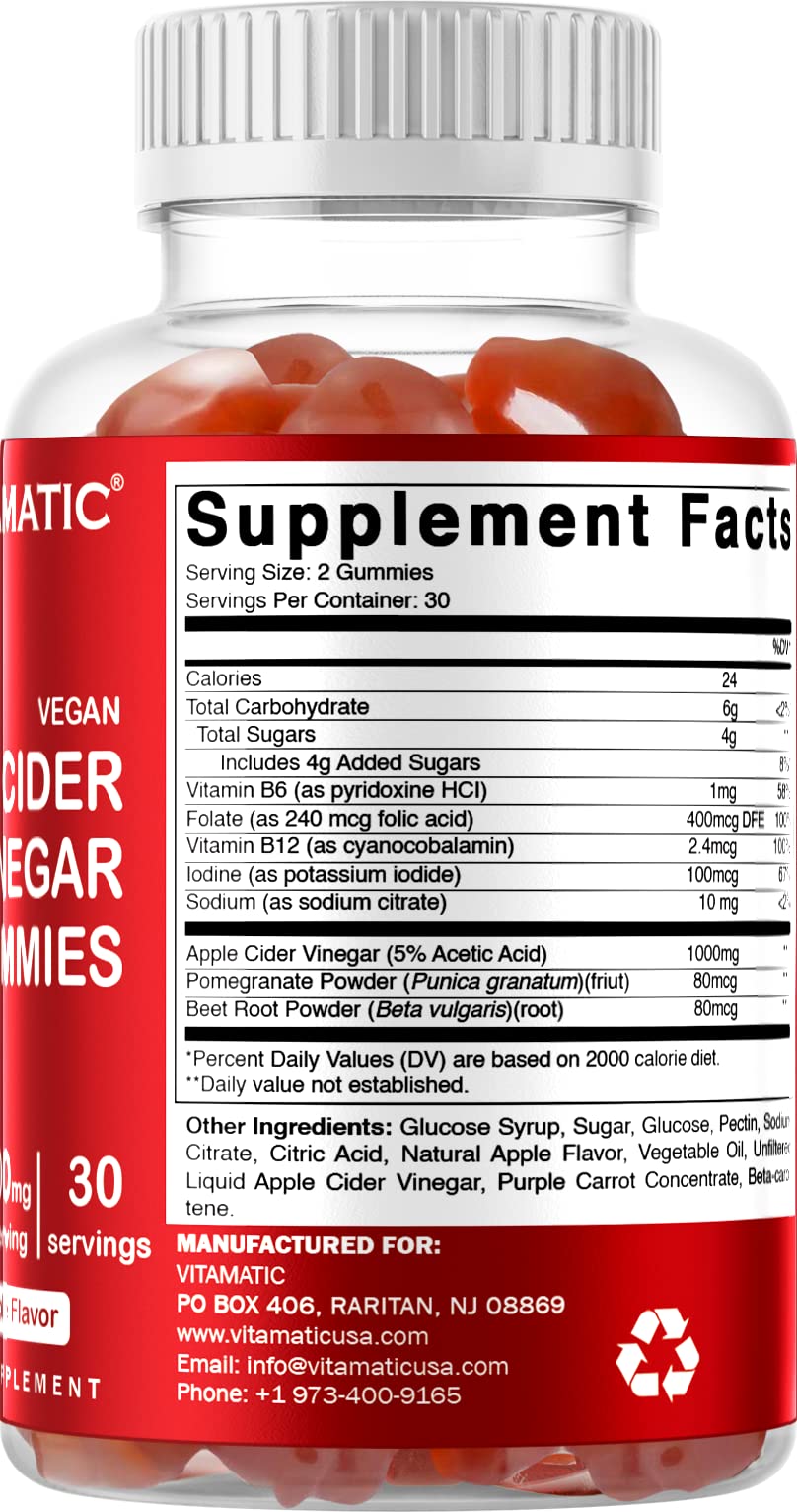 Vitamatic Apple Cider Vinegar Gummies - 1000mg per Serving - 60 Vegan Gummies - ACV Gummies for Detox, Weight Loss Support, Energy Boost, Digestion & Gut Health