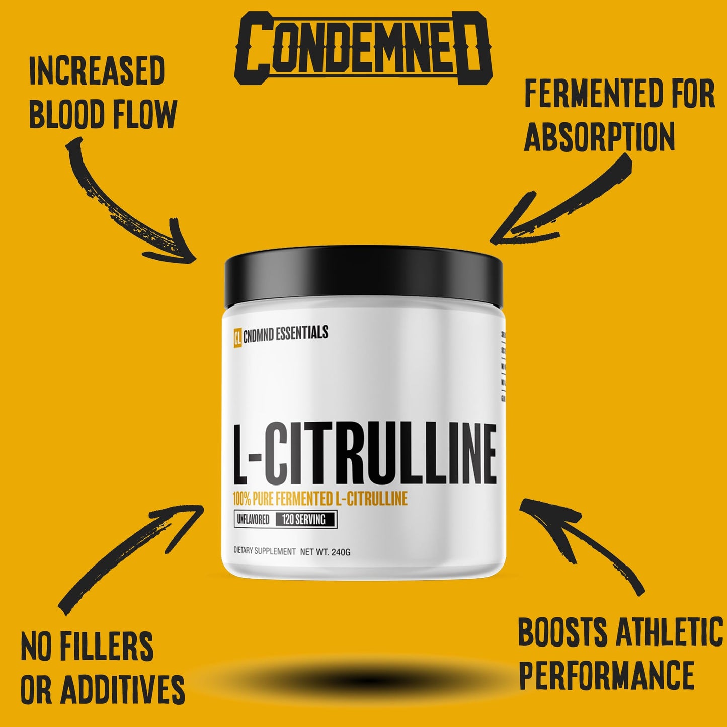 Condemned Labz 100% Pure Fermented L-Citrulline Powder | Nitric Oxide Booster for Men & Women | Increased Endurance | Vegan & Gluten Free | 120 Servings (Unflavored)