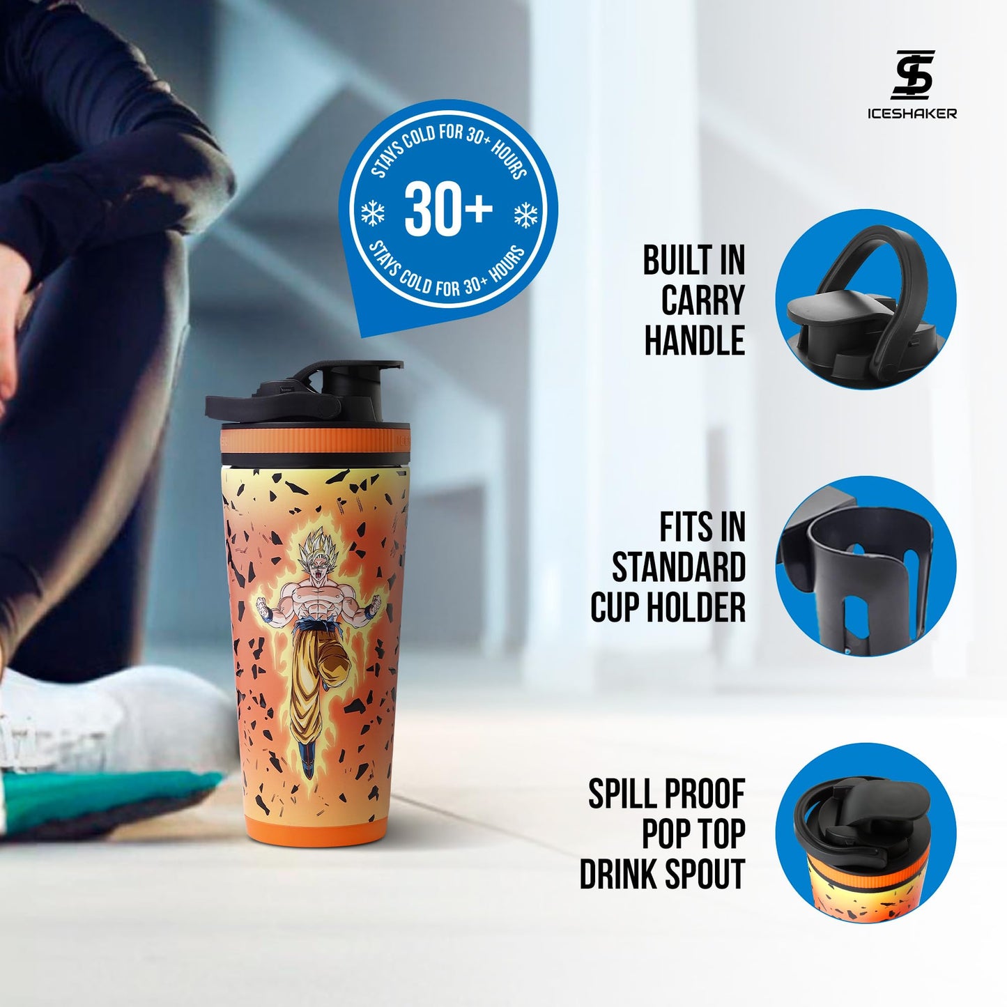 Ice Shaker Dragon Ball Z Stainless Steel Shaker Bottle | 26oz , Goku | Cold for 30+ Hours | Insulated Cup with Twist-on Agitator | Odor-Free Bottle for Protein Shakes, Water, Smoothies, Cocktails