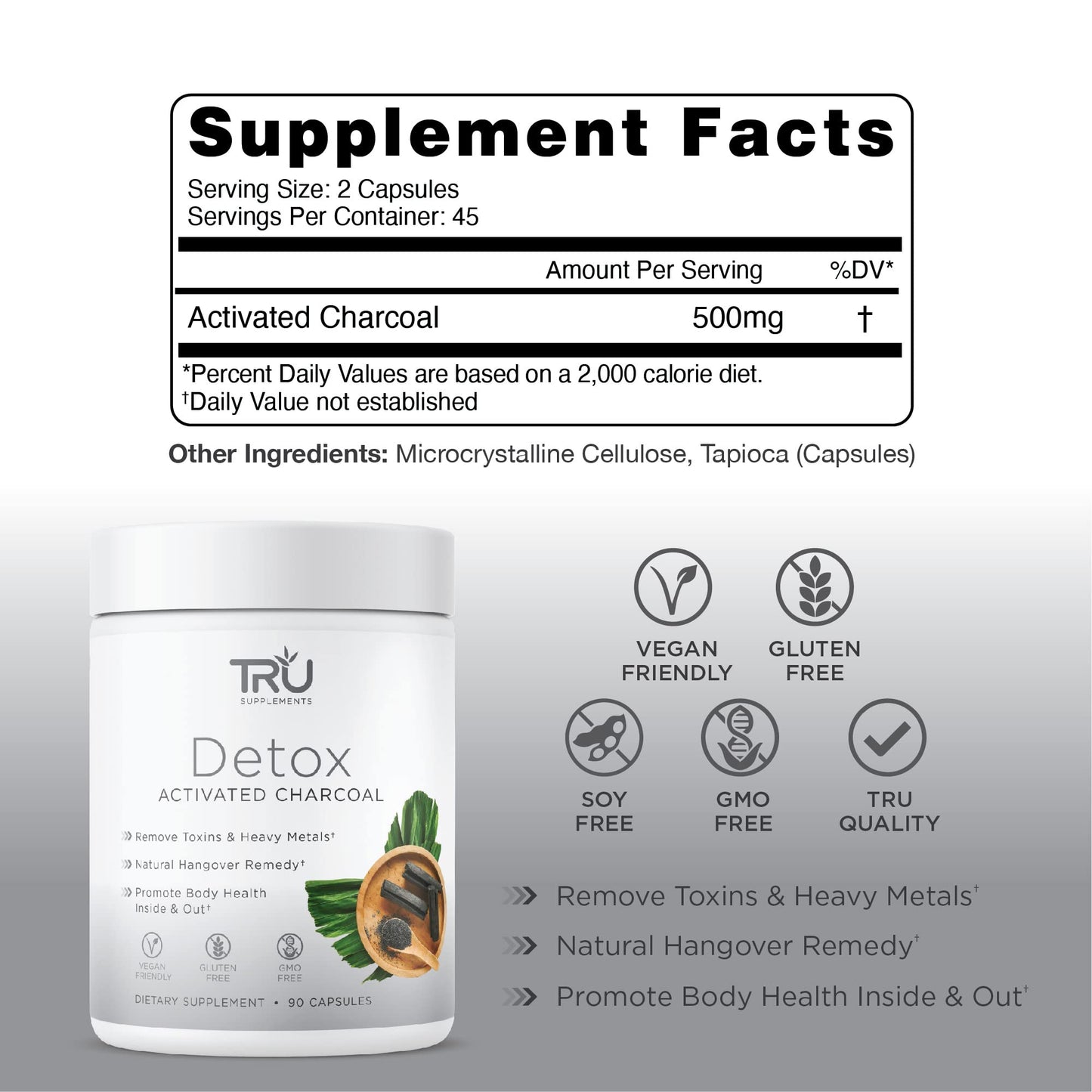TRU Supplements Detox, Activated Charcoal, Vegan Friendly, Whole Body Natural Detox, Eliminates Bloating, Improve Skin Health, 60 Servings