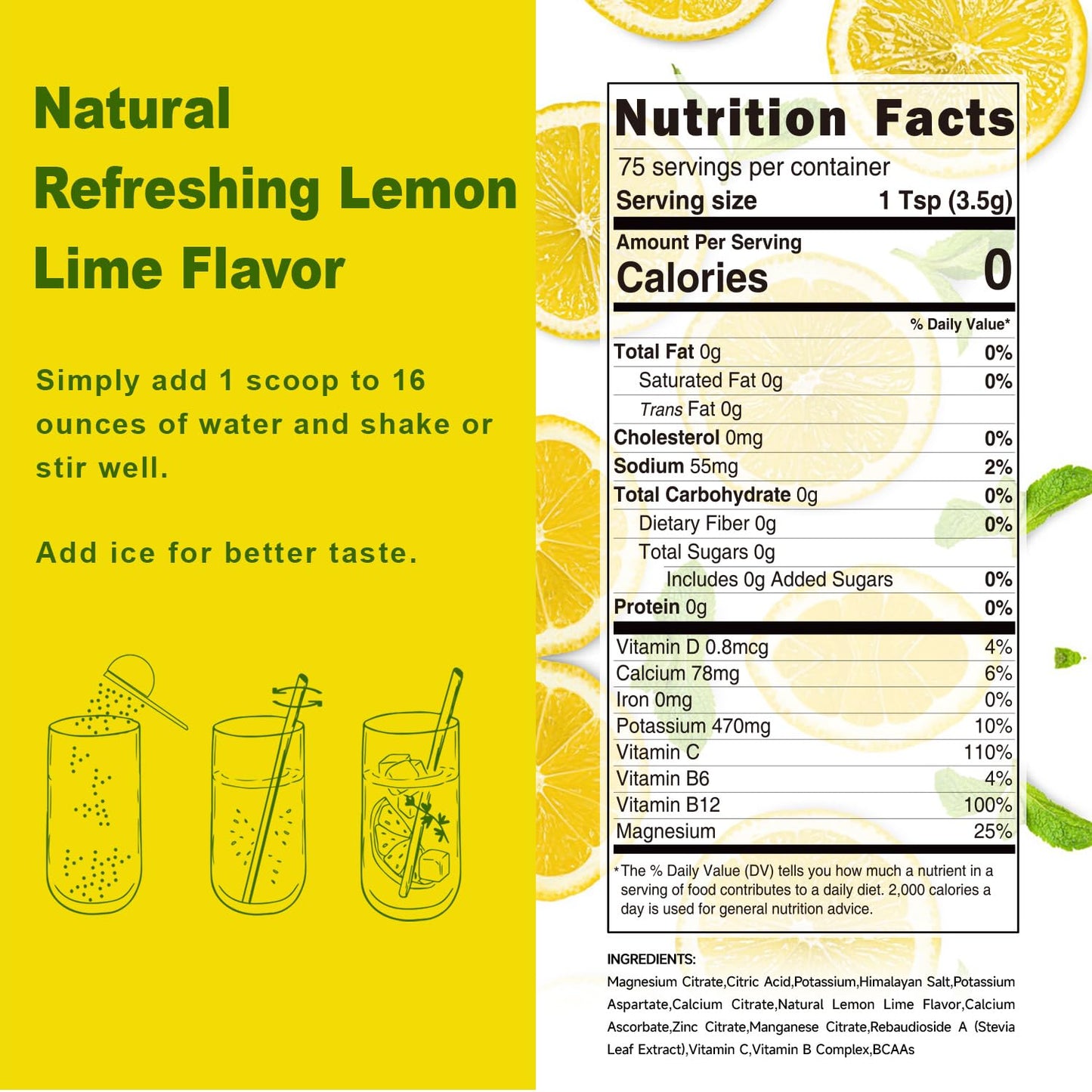 Sugar Free Electrolytes Powder (Lemon Lime) -Enhanced with BCAAs, Vitamins-Fruit Liquid Daily IV Electrolyte Drink Mix for Rapid Hydration & Recovery- No Sugar & Keto, Non-GMO, 75 Servings