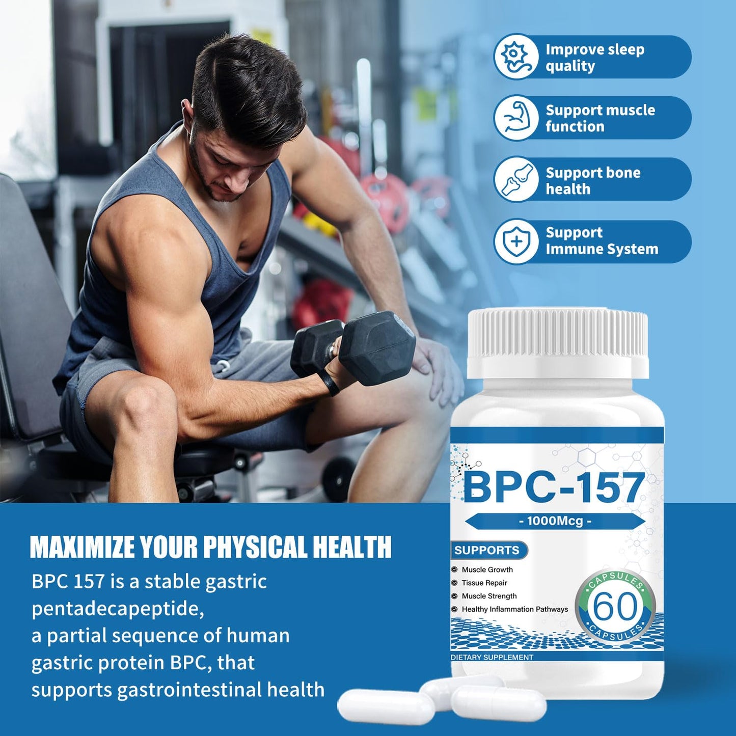 𝐁𝐏𝐂 157 Peptide Capsules 1000Mcg, Supports Muscle Growth, Tissue Repair, Strength, 60 Count