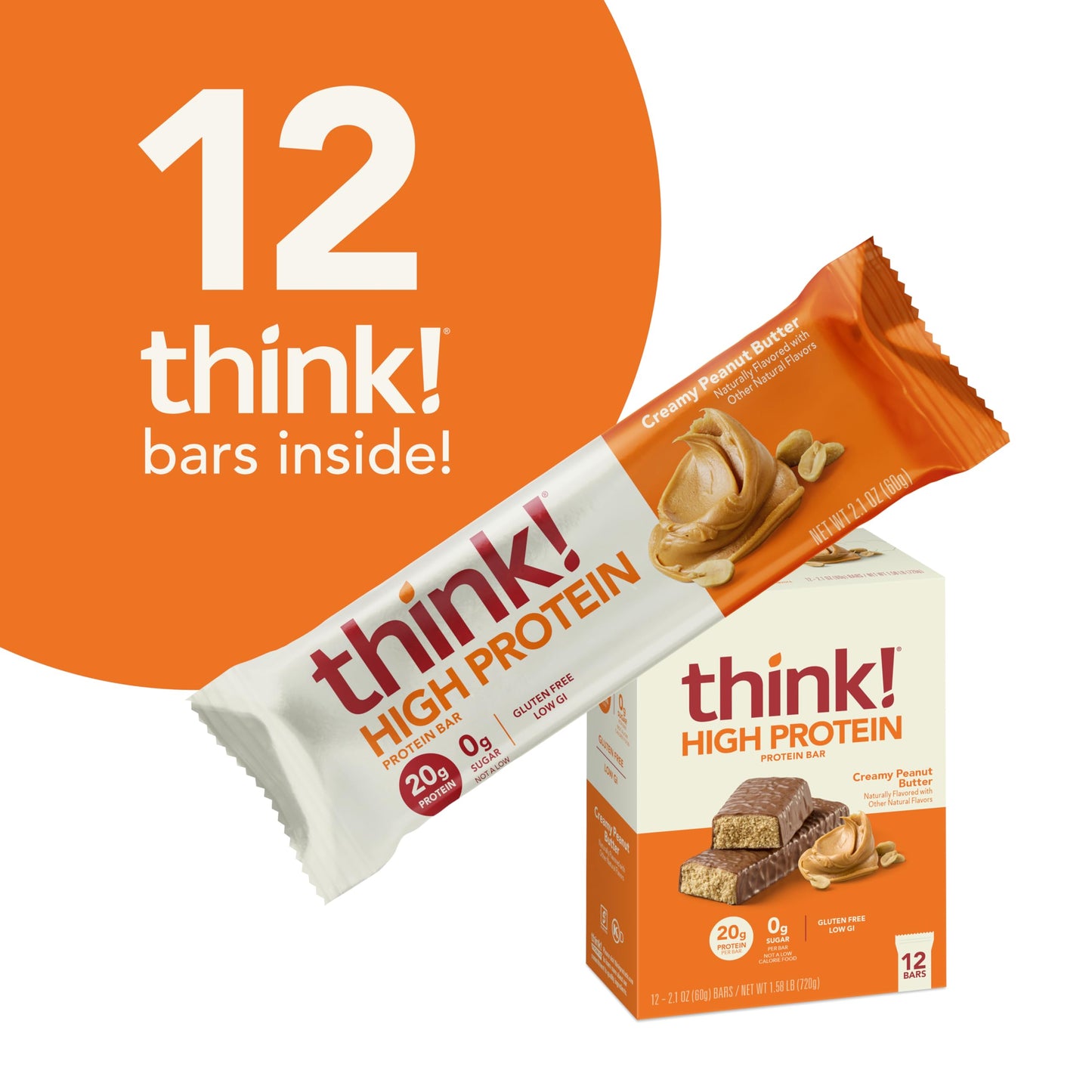 think Protein Bars High Protein Snacks Gluten Free Kosher Friendly Creamy Peanut Butter Nutrition Bars 21 Oz per Bar 12 Count Packaging May Vary
