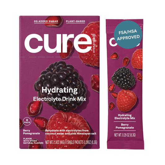 Cure Hydration Plant Based Electrolyte Mix | Powder for Dehydration Relief | Made with Coconut Water | Non-GMO | No Added Sugar | FSA & HSA | Vegan | Box of 8 Packets - Berry Pomegranate