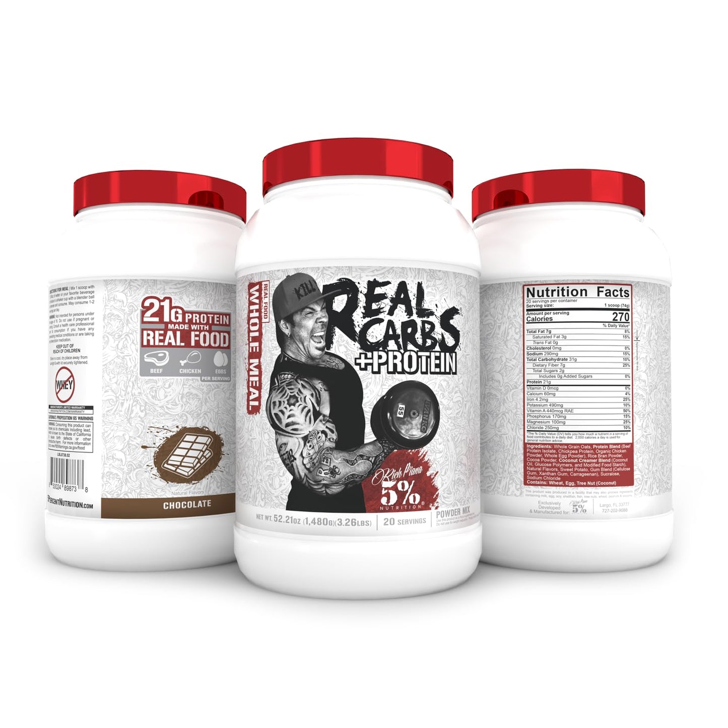 5% Nutrition Rich Piana Real Carbs + Protein | Clean Mass Gainer Protein Powder | Real Food Carbohydrate Fuel for Pre Workout/Post-Workout Recovery Meal | 3.2 lb, 20 Servings (Chocolate)