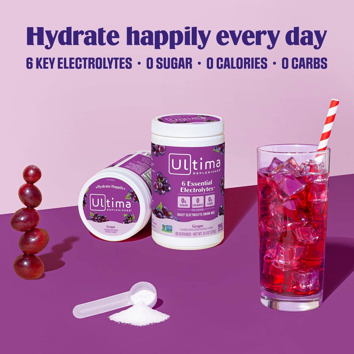 Ultima Replenisher Daily Electrolyte Powder Drink Mix - Grape, 90 Servings - Hydration Powder with 6 Key Electrolytes and Trace Minerals - Keto Friendly, Vegan, Non-GMO and Sugar-Free