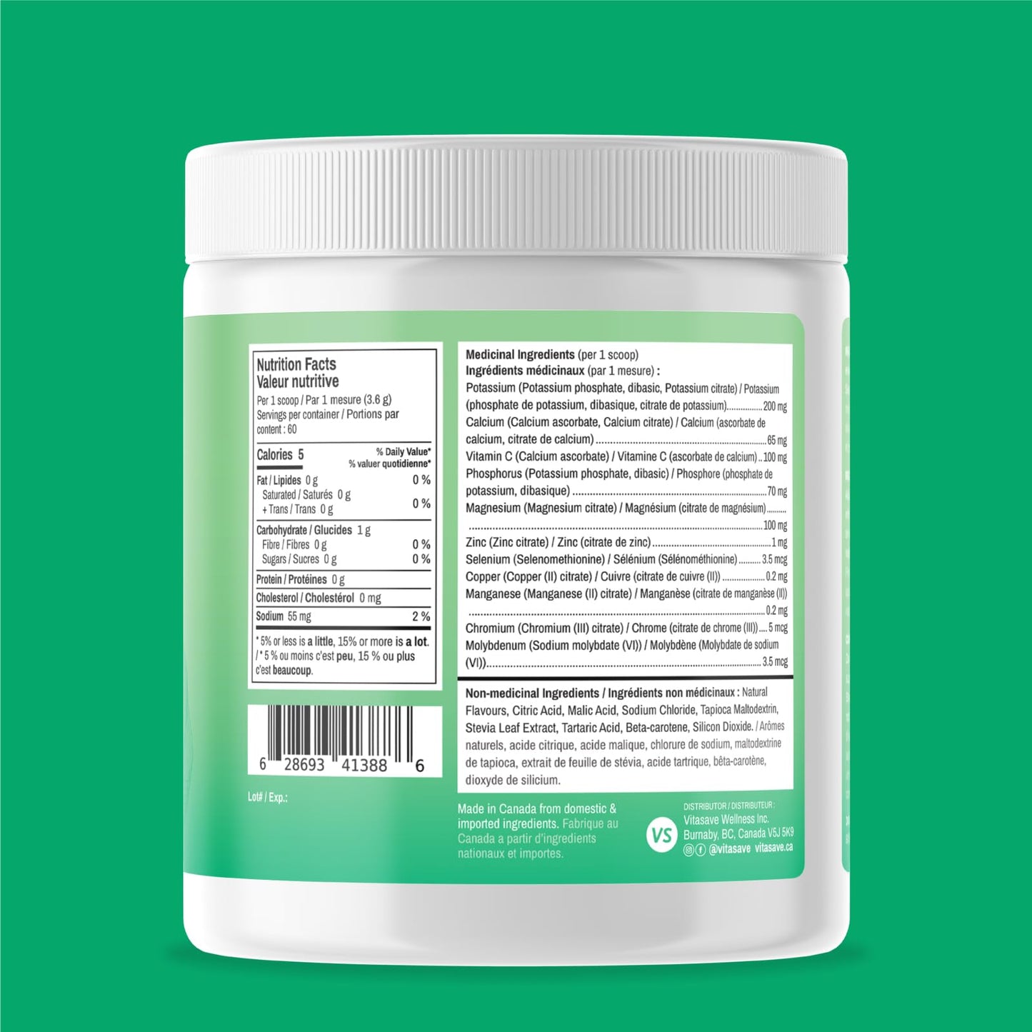 Vitasave Electrolyte Powder - Sugar-Free Hydration Drink Mix with Sodium, Potassium & Magnesium - No Calories, Keto & Vegan-Friendly, Rapid Recovery of Muscles - Classic Lemonade (216g, 60 Servings)