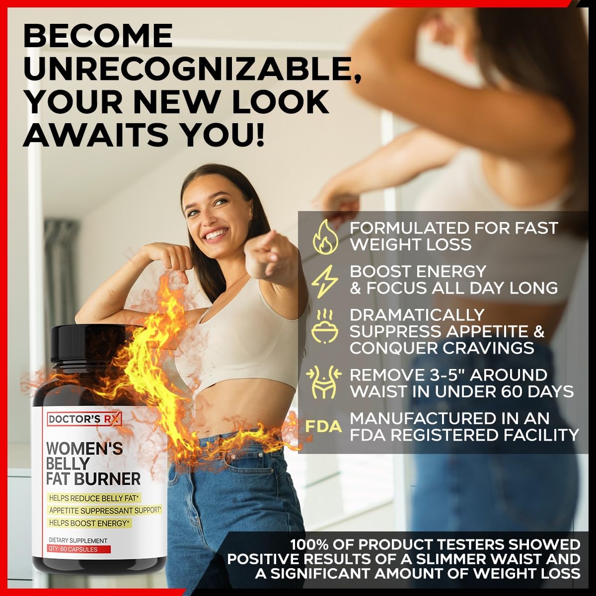 Belly Fat Burner Supplement for Women | Metabolism Booster, Suppress Appetite, Burn Calories | Extra Strength Weight Loss Pills for Women with 8 Strong Ingredients - 60 Servings