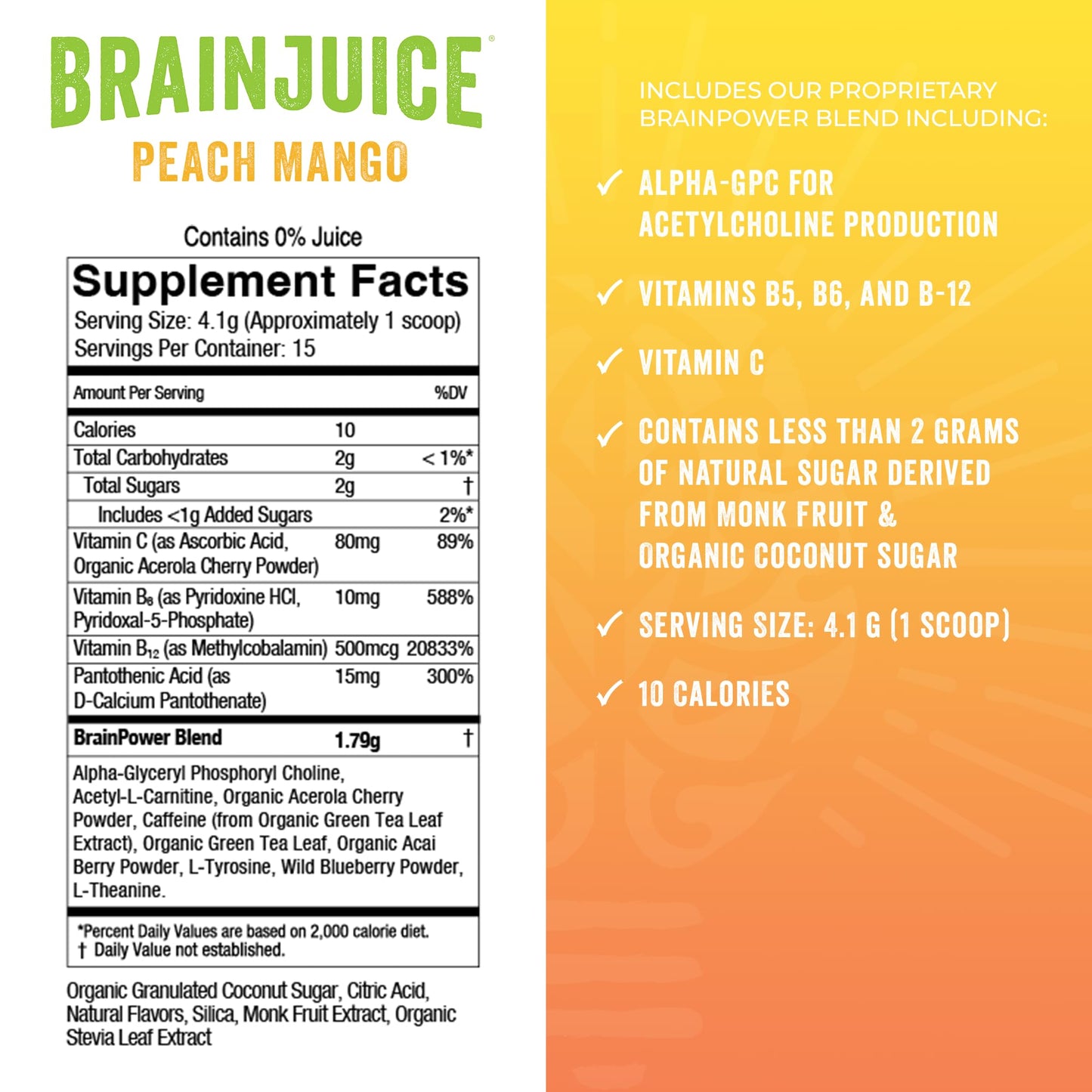 BrainJuice Active Pomegranate Acai Daily BrainPower Mix - 15 Servings (2.2 Oz, Peach Mango)