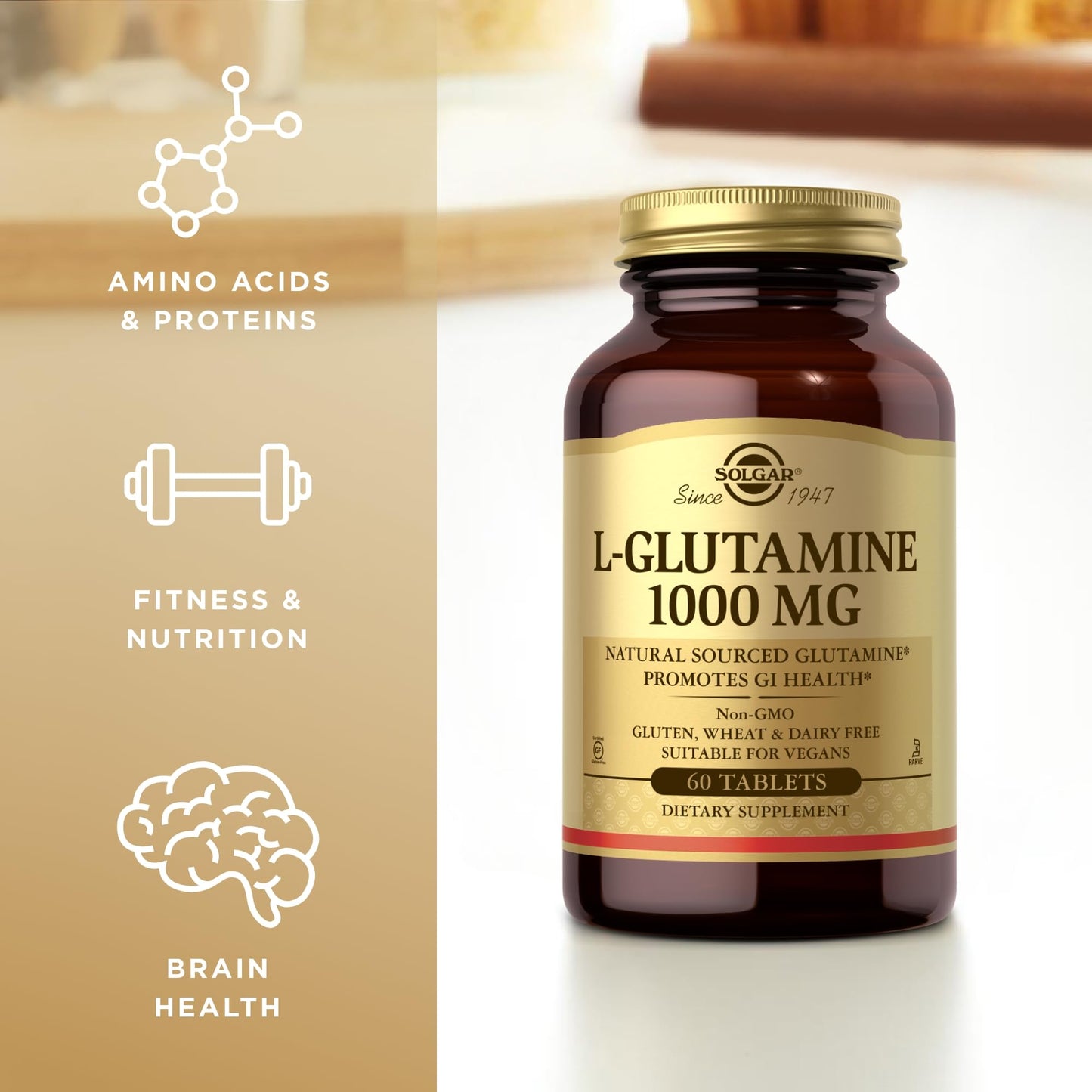 SOLGAR L-Glutamine 1000 mg - 60 Tablets, Pack of 3 - Non-GMO, Vegan, Gluten Free, Kosher - 90 Total Servings