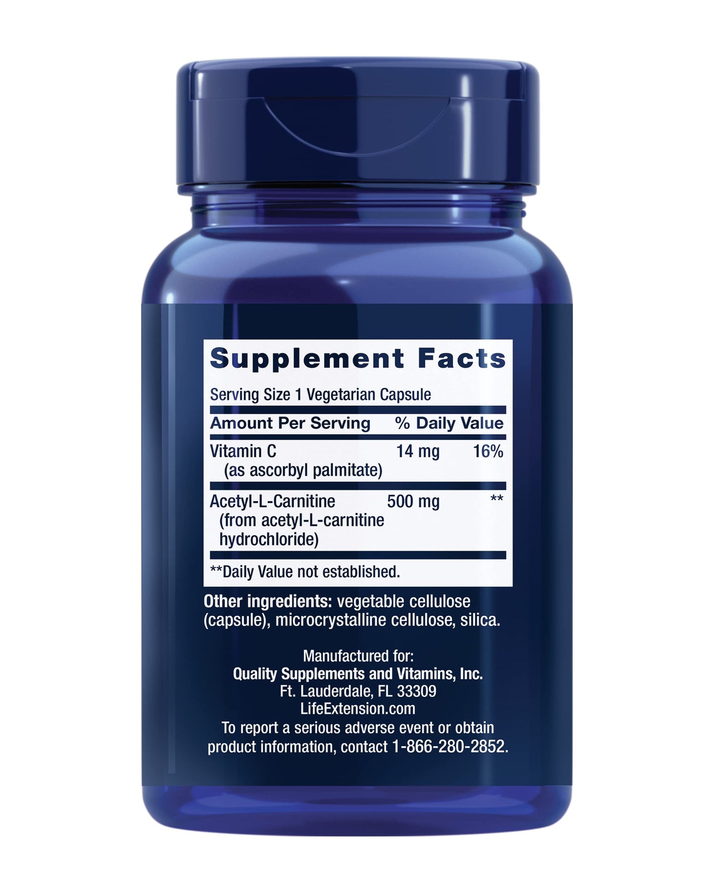 Life Extension Acetyl-L-Carnitine, Acetyl-L-Carnitine, Vitamin C, Brain, Mood & Nerve Health, Cellular Energy, 3-Month Supply, Gluten-Free, Non-GMO, Vegetarian, 100 Capsules