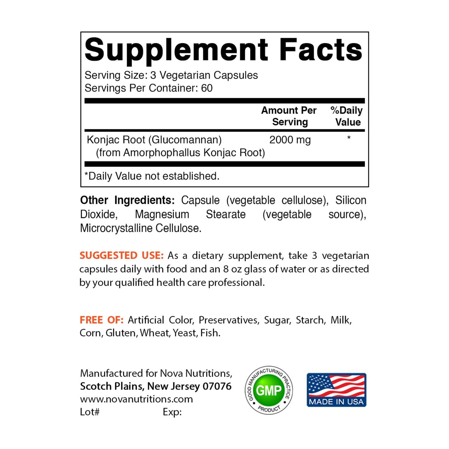 Nova Nutritions 2 Pack Konjac Root Glucomannan Capsules 2000 mg/Serving Veggie Caps 180 Count (Total 360 Capsules)