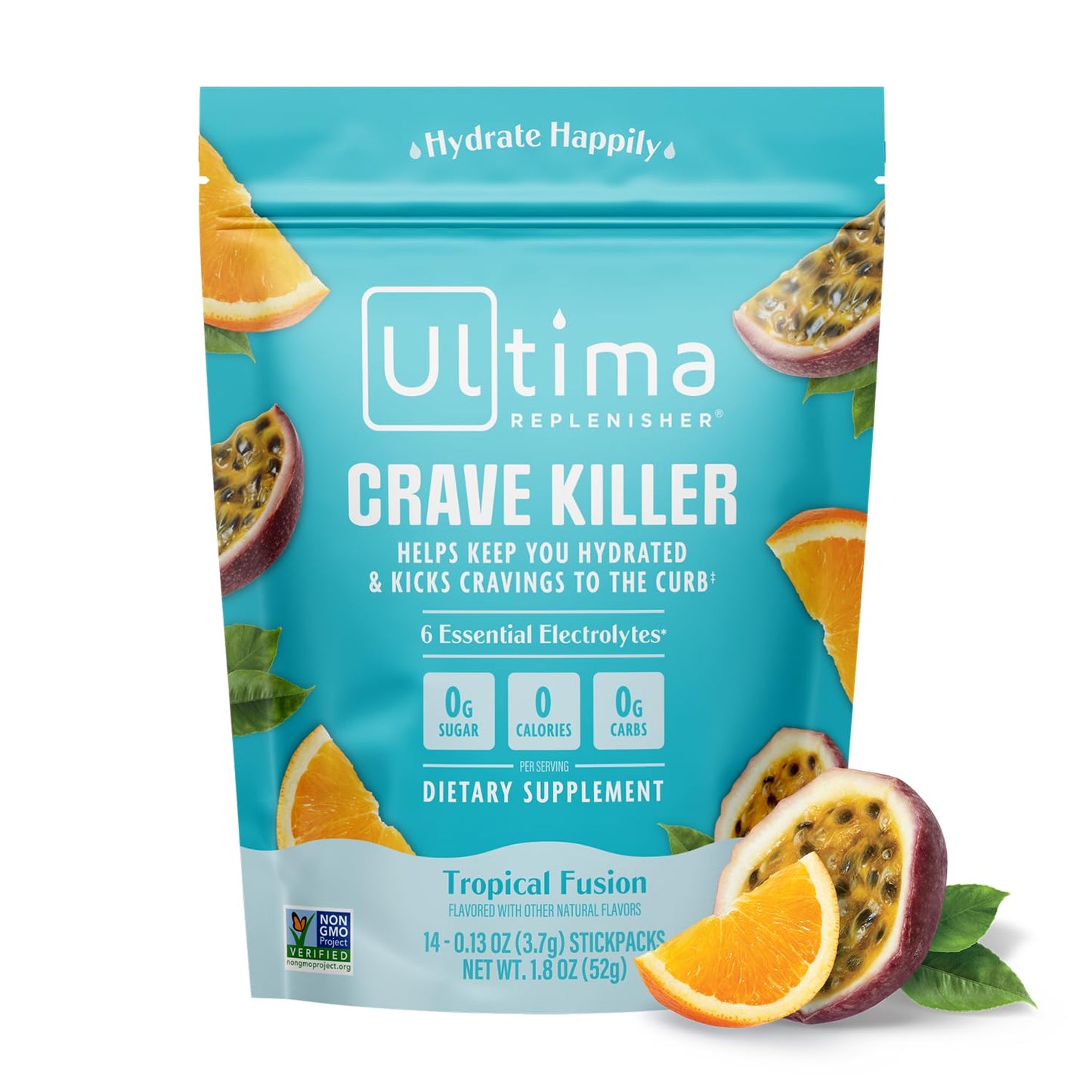 Ultima Replenisher Crave Killer Supplement and Electrolytes Powder - Tropical Fusion, 14 Stickpacks - Hydration Packets That Kick Cravings to The Curb