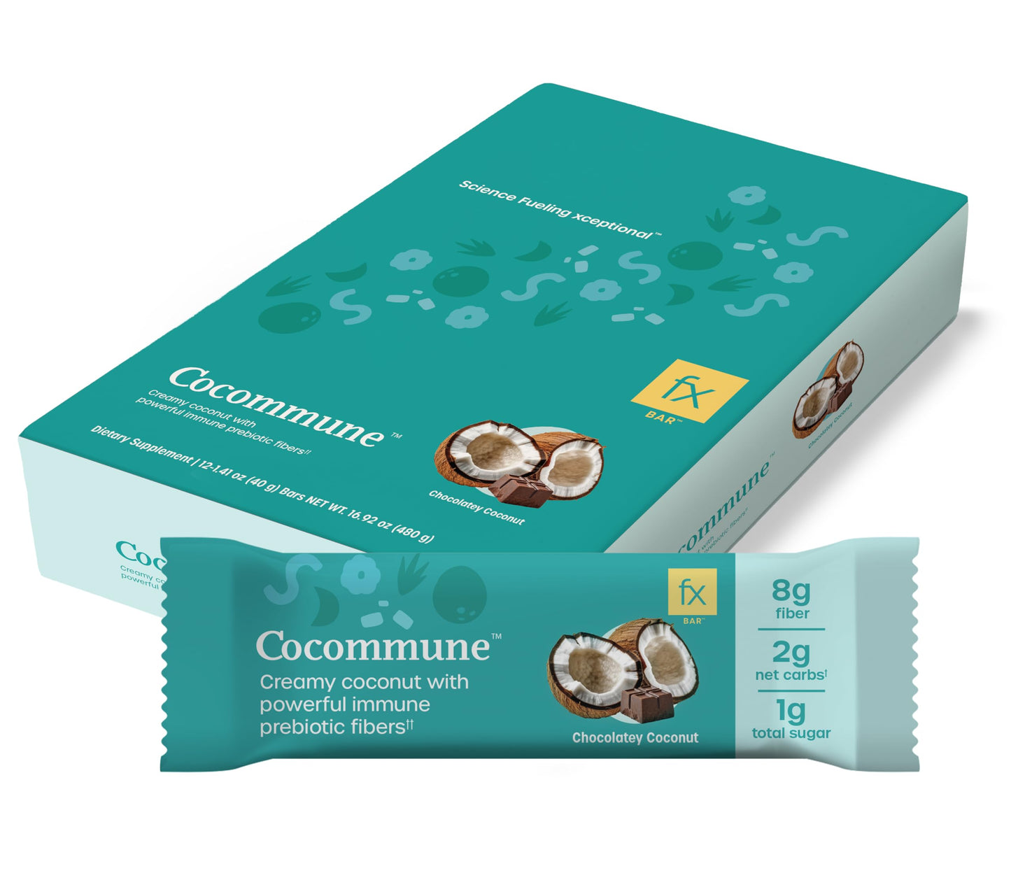 Fx Cocommune Fiber Supplement Bars - 8g Fiber with Prebiotic Fiber for Gut Health, Metabolism and Immune Support* - Vegan with 1g Sugar, 2g Net Carbs - Chocolate + Creamy Coconut (12 Bars)