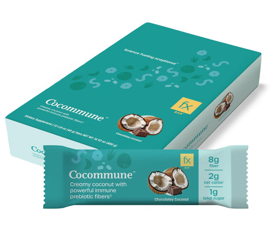 Fx Cocommune Fiber Supplement Bars - 8g Fiber with Prebiotic Fiber for Gut Health, Metabolism and Immune Support* - Vegan with 1g Sugar, 2g Net Carbs - Chocolate + Creamy Coconut (12 Bars)