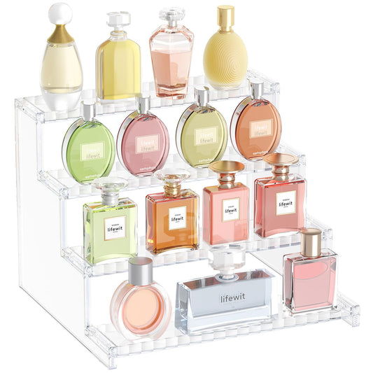 Lifewit 4 Tier Clear Display Risers Stand with Decorative Fences, Plastic 12 Inch Perfume Organizer, Display for Figures, Cupcake, Dessert, Desktop Stand for Organization and Decor, 1 pack