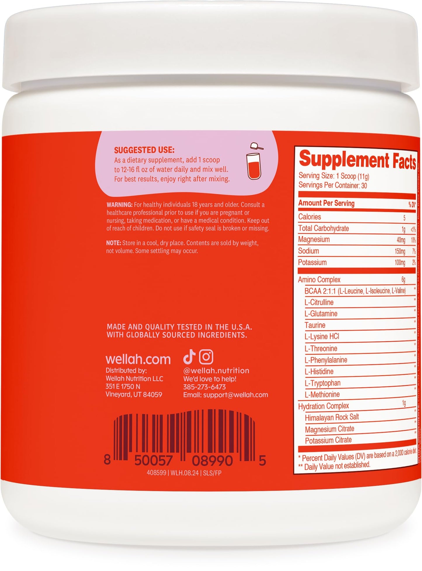Wellah So Long Soreness BCAA Powder (Fruit Punch Flavored) 30 Servings - with Hydration Complex