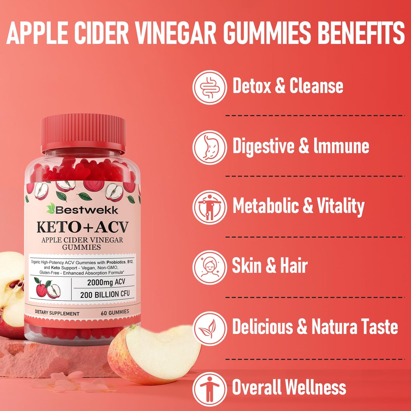 Apple Cider Vinegar Gummies, Max Strength 2000mg ACV Gummy with Probiotics, B12 and Keto Support, For Digestion, Metabolism, Detox, Gut & Immune Health, Gelatin-Free, Non-GMO, 120 keto acv gummies