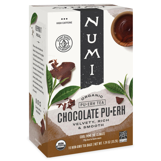 Numi Organic Chocolate Puerh Tea 16 Tea Bags Aged Yunnan Puerh Black Tea with Cocoa  Orange Peel Packaging May Vary