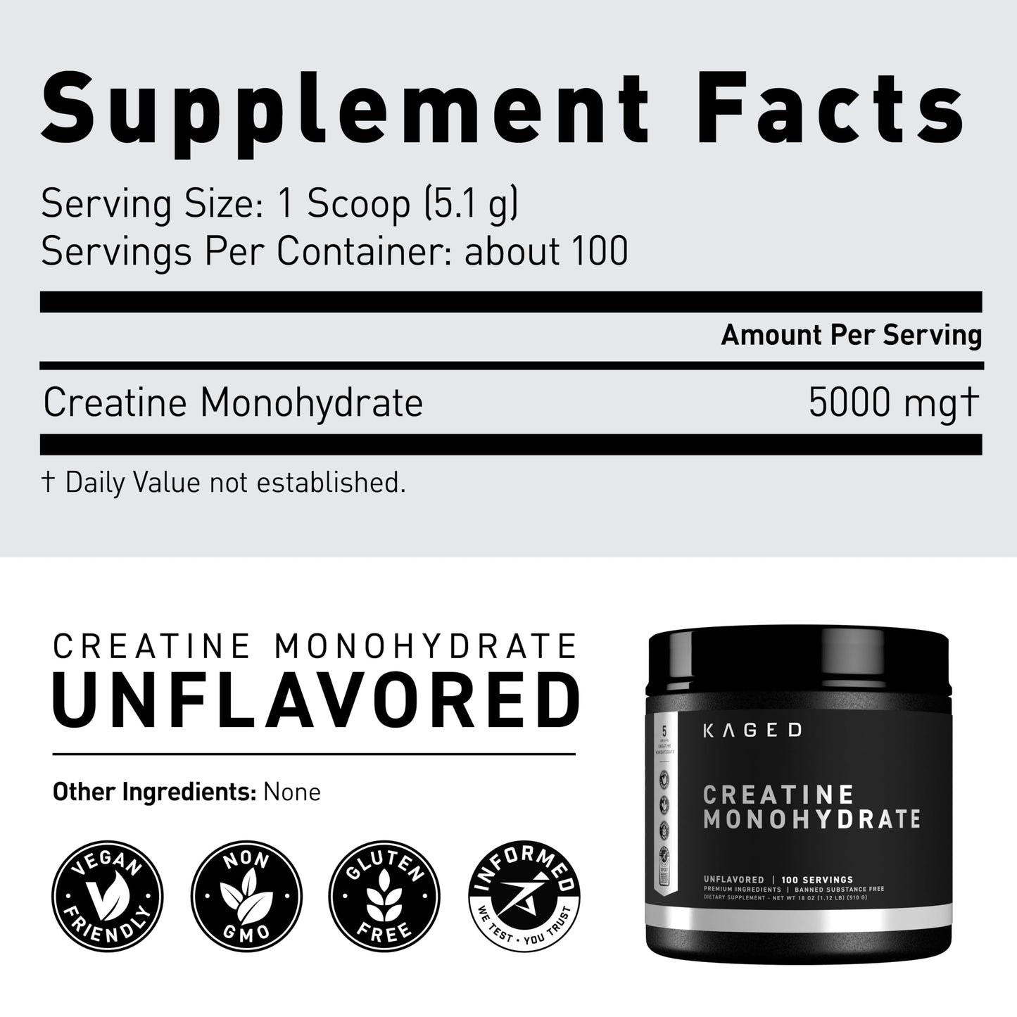 Kaged Creatine Monohydrate Micronized Powder, 100 Servings, Unflavored, Muscle Recovery and Growth Supplement for Men & Women, Vegan, Easily Digestible, Gluten Free, Keto Friendly