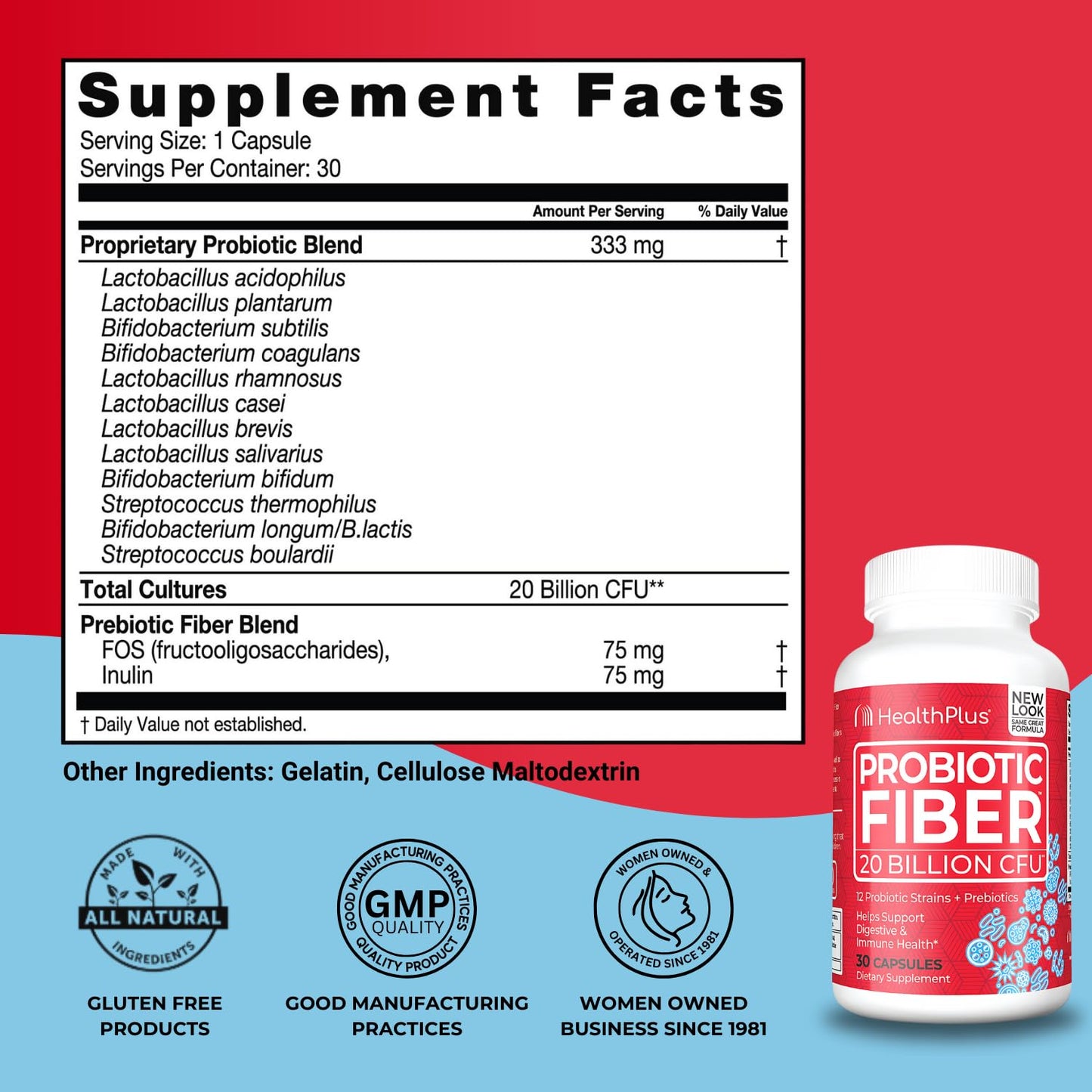Health Plus Probiotic Fiber - Dietary Supplement, Detox, 30 Capsules, 30 Servings