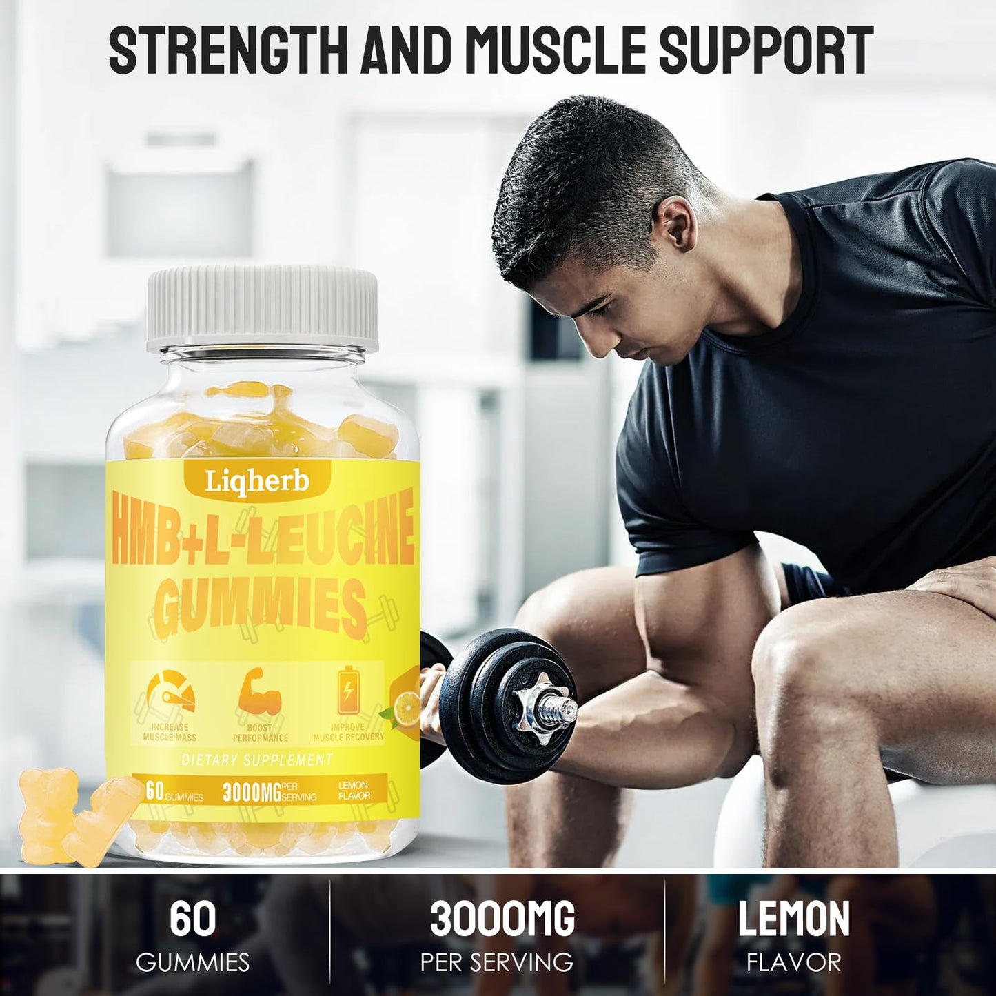 Liqherb HMB and Leucine Supplements 3000mg, HMB L-Leucine Gummies for Adults, Muscle Recovery, Increase, Improve Endurance, Non GMO, Vegan,Gluten Free, 120